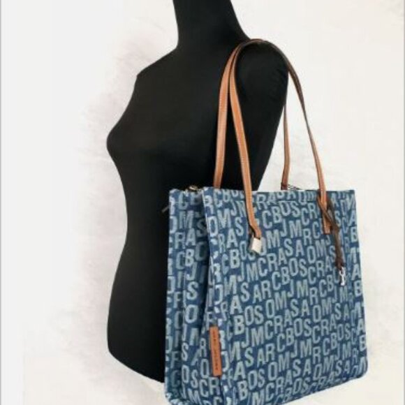 Marc Jacobs The Washed Monogram Blue Denim Grind Canvas Tote - Picture 1 of 4